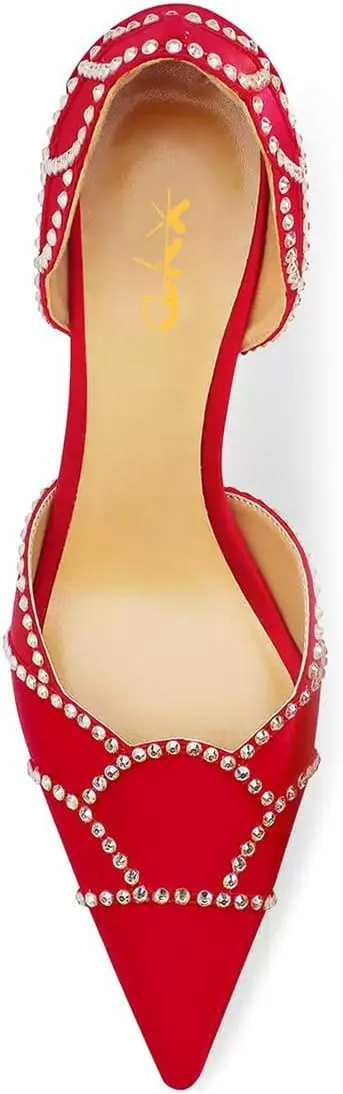 XYD Women Crystal Studs Wedding Pumps Closed Pointed Toe Petal Curve Slip On Mid Heel D'Orsay Elegant Bridal Shoes
