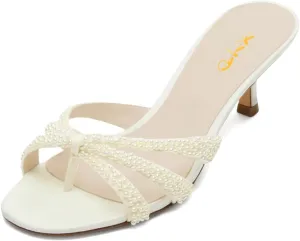 XYD Women Pearl Kitten Mules Open Toe Low Heel Sandals Slip On Beaded Straps Summer Elegant Party Shoes