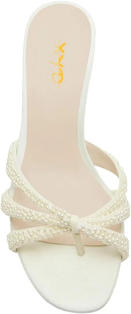 XYD Women Pearl Kitten Mules Open Toe Low Heel Sandals Slip On Beaded Straps Summer Elegant Party Shoes