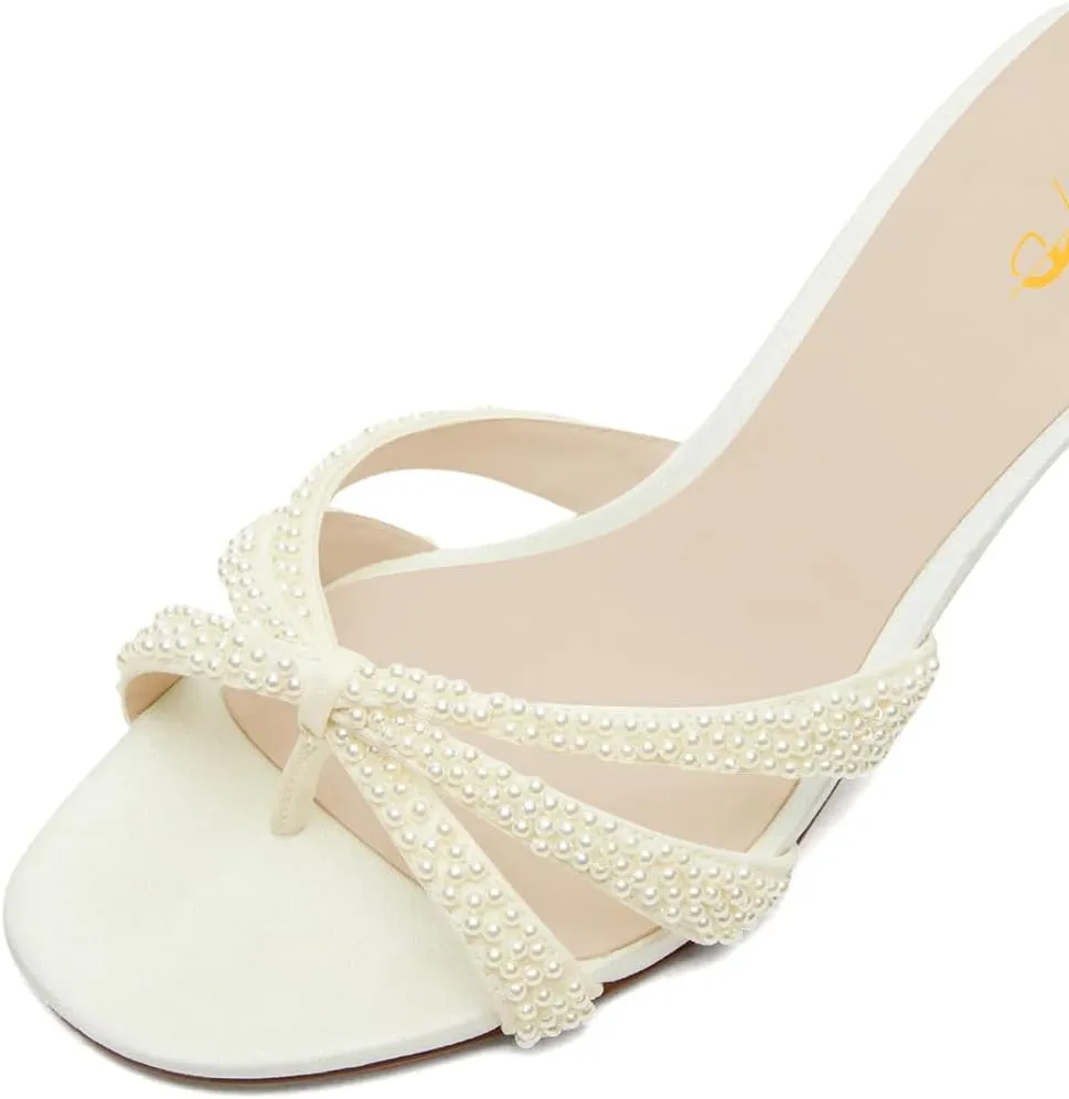 XYD Women Pearl Kitten Mules Open Toe Low Heel Sandals Slip On Beaded Straps Summer Elegant Party Shoes