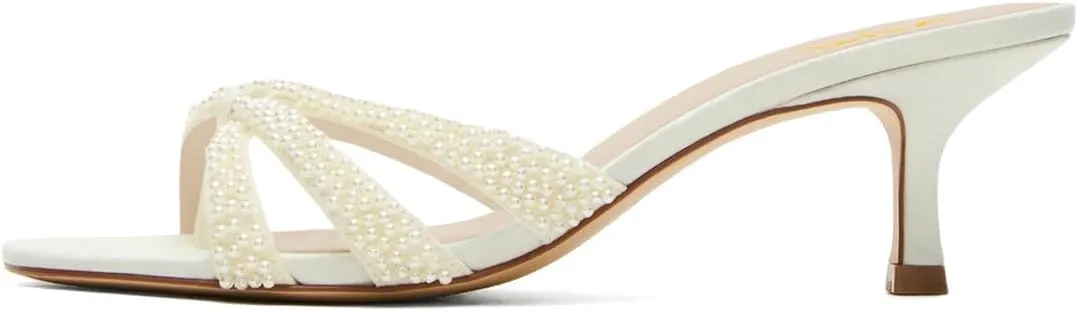 XYD Women Pearl Kitten Mules Open Toe Low Heel Sandals Slip On Beaded Straps Summer Elegant Party Shoes