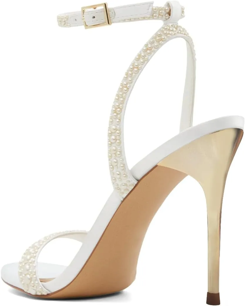 XYD Women Stiletto Heels Open Toe Pearl Sandals Ankle Strap Pumps with Buckle Bridal Party Elegant Shoes