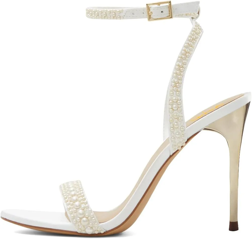 XYD Women Stiletto Heels Open Toe Pearl Sandals Ankle Strap Pumps with Buckle Bridal Party Elegant Shoes