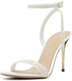 XYD Women Stiletto Heels Open Toe Pearl Sandals Ankle Strap Pumps with Buckle Bridal Party Elegant Shoes