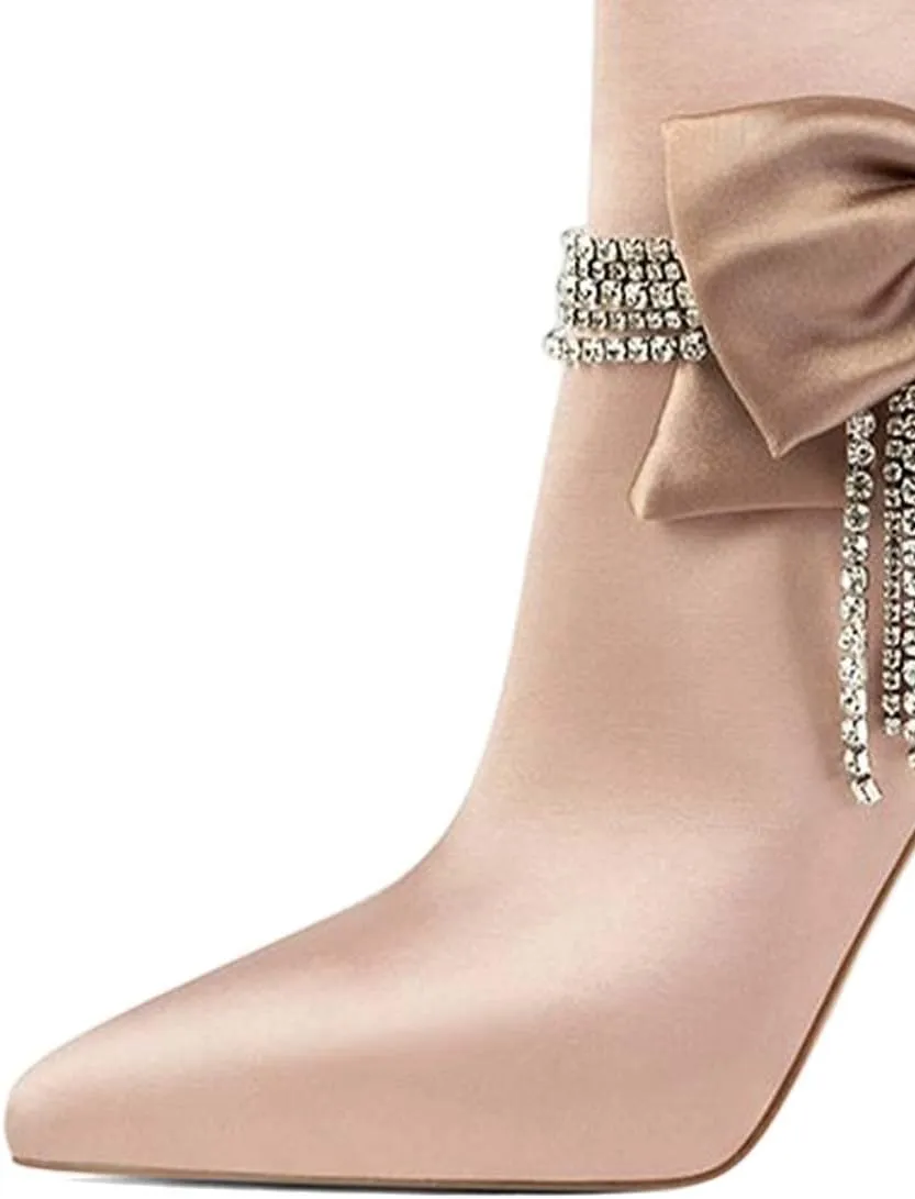 XYD Women Trendy Rhinestones Tassels Ankle Boots Bow High Crystal Heel Closed Pointed Toe Side Zipper Short Bootie Winter Elegant Dress Shoes
