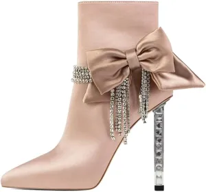 XYD Women Trendy Rhinestones Tassels Ankle Boots Bow High Crystal Heel Closed Pointed Toe Side Zipper Short Bootie Winter Elegant Dress Shoes