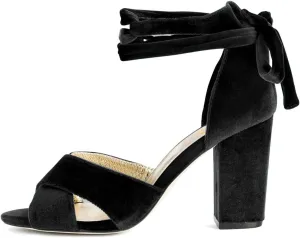 XYD Women Velvet Block Sandals Open Toe Ankle Strap Tie-up High Heel Pumps Elegant Wedding Summer Shoes