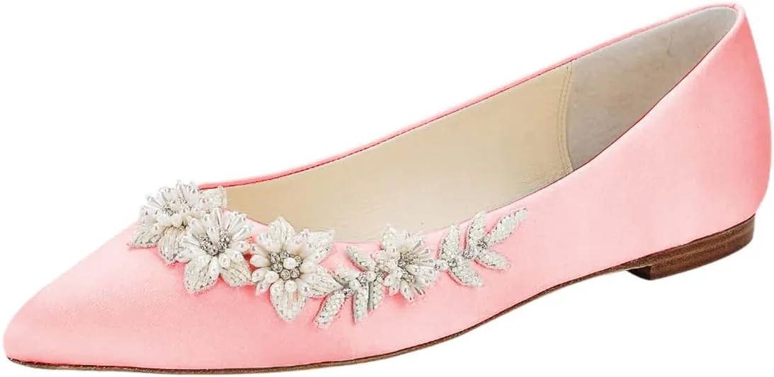 XYD Women Wedding Flats Floral Pearl Embellishment Elegant Pointed Toe Slip-ons Satin Bridal Prom Shoes