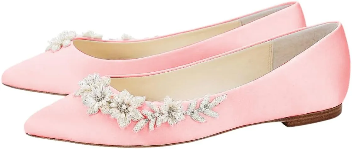 XYD Women Wedding Flats Floral Pearl Embellishment Elegant Pointed Toe Slip-ons Satin Bridal Prom Shoes