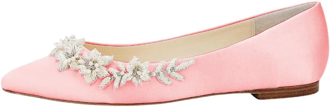 XYD Women Wedding Flats Floral Pearl Embellishment Elegant Pointed Toe Slip-ons Satin Bridal Prom Shoes
