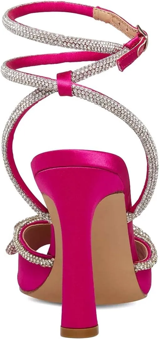 XYD Women's Open Toe Sandals with Wrap Around Ankle Strappy Rhinestone Bow Knot Thick High Heels Shoes Chic Evening Party Pumps