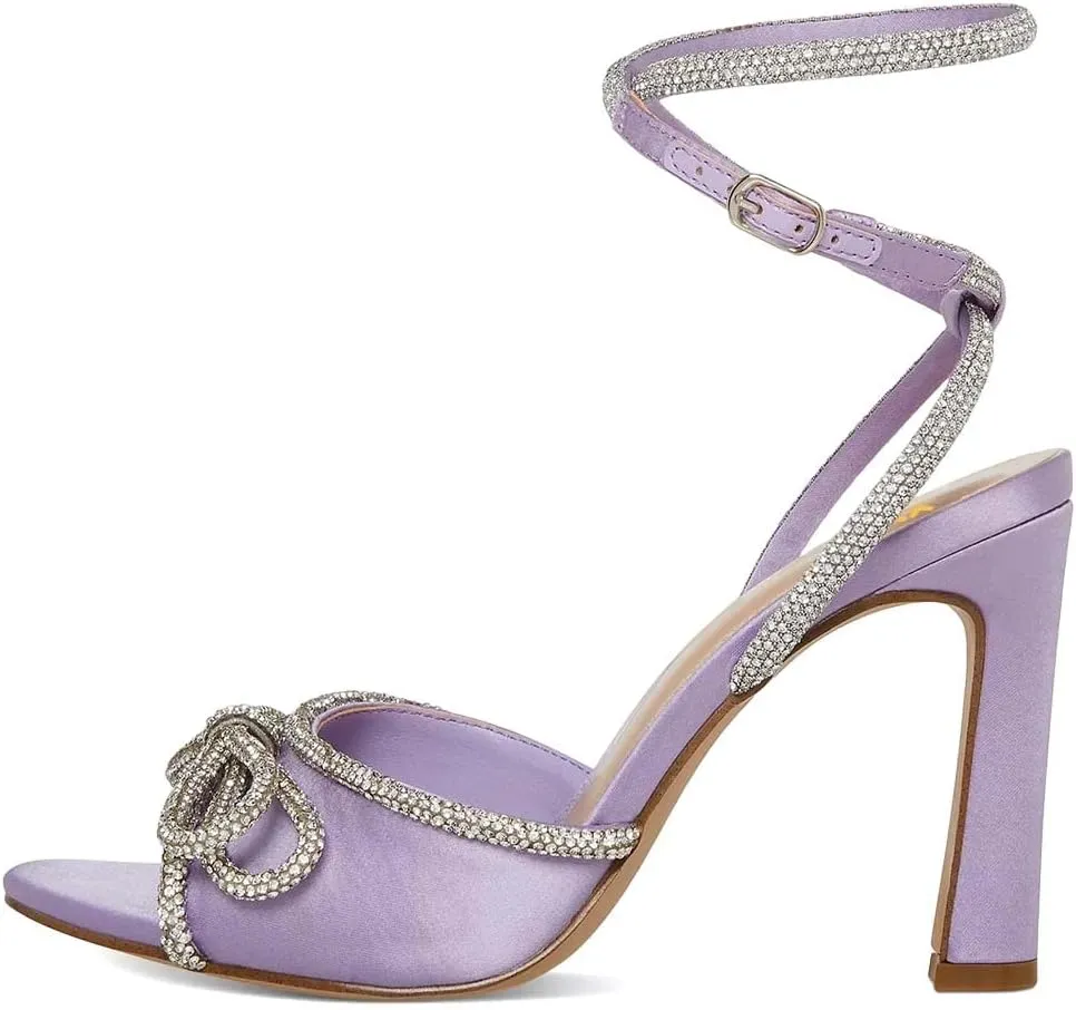 XYD Women's Open Toe Sandals with Wrap Around Ankle Strappy Rhinestone Bow Knot Thick High Heels Shoes Chic Evening Party Pumps