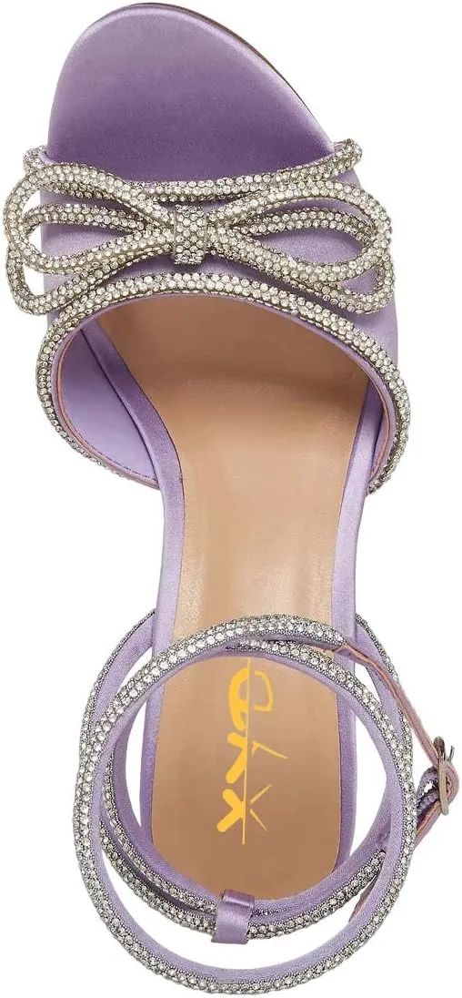 XYD Women's Open Toe Sandals with Wrap Around Ankle Strappy Rhinestone Bow Knot Thick High Heels Shoes Chic Evening Party Pumps