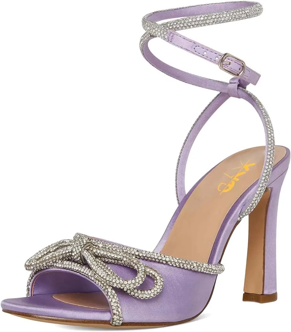 XYD Women's Open Toe Sandals with Wrap Around Ankle Strappy Rhinestone Bow Knot Thick High Heels Shoes Chic Evening Party Pumps
