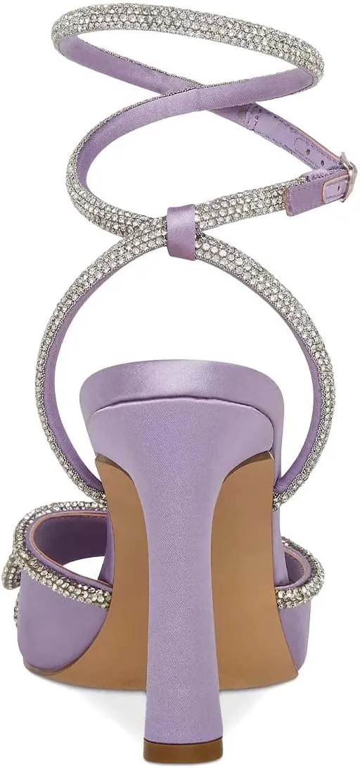 XYD Women's Open Toe Sandals with Wrap Around Ankle Strappy Rhinestone Bow Knot Thick High Heels Shoes Chic Evening Party Pumps