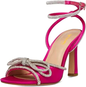 XYD Women's Open Toe Sandals with Wrap Around Ankle Strappy Rhinestone Bow Knot Thick High Heels Shoes Chic Evening Party Pumps