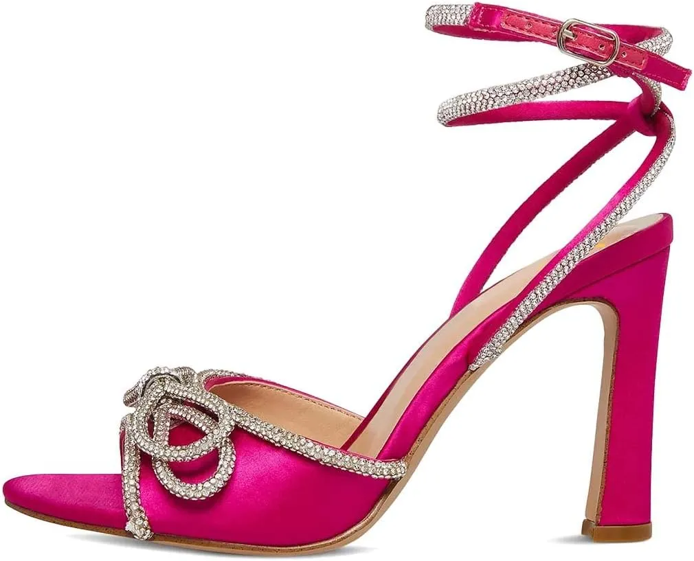 XYD Women's Open Toe Sandals with Wrap Around Ankle Strappy Rhinestone Bow Knot Thick High Heels Shoes Chic Evening Party Pumps