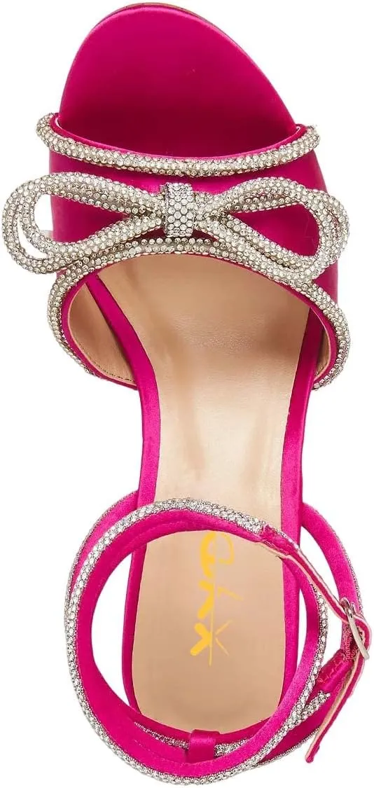 XYD Women's Open Toe Sandals with Wrap Around Ankle Strappy Rhinestone Bow Knot Thick High Heels Shoes Chic Evening Party Pumps