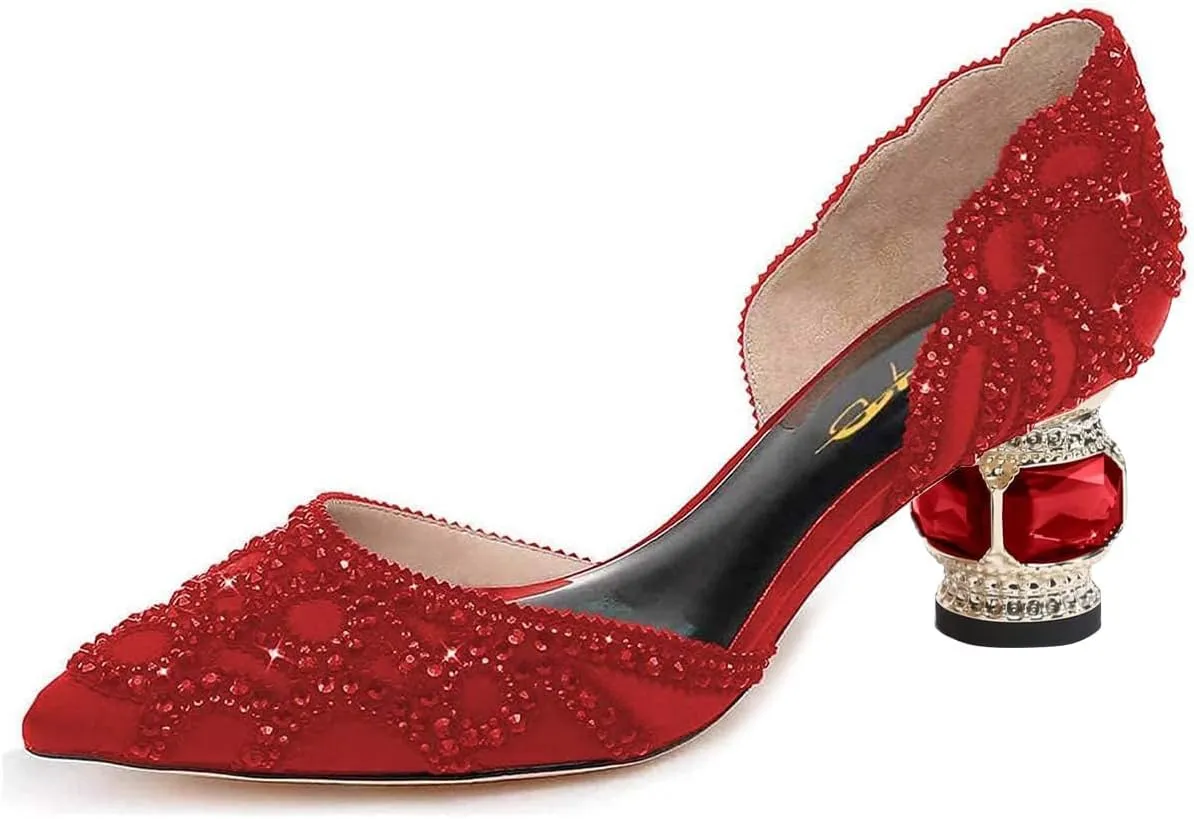XYD Women's Pumps, Elegant Pointed Toe, D'Orsay Crystal Chunky Low Heels 2 Inches, Rhinestone Studs, Slip-On Satin Shoes for Wedding
