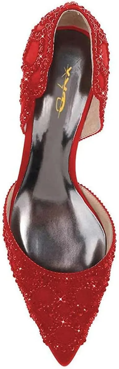 XYD Women's Pumps, Elegant Pointed Toe, D'Orsay Crystal Chunky Low Heels 2 Inches, Rhinestone Studs, Slip-On Satin Shoes for Wedding