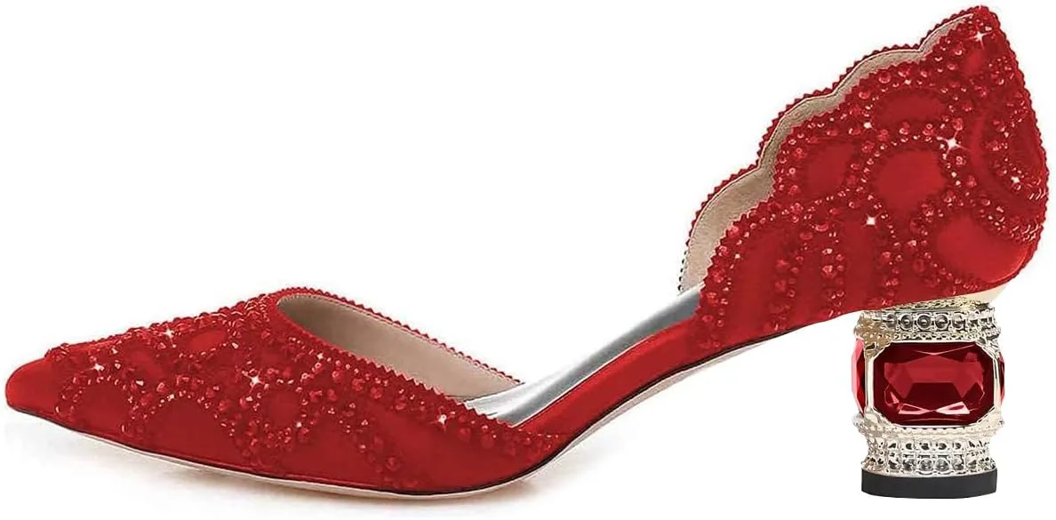 XYD Women's Pumps, Elegant Pointed Toe, D'Orsay Crystal Chunky Low Heels 2 Inches, Rhinestone Studs, Slip-On Satin Shoes for Wedding