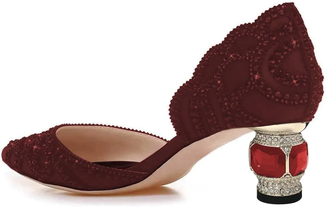 XYD Women's Pumps, Elegant Pointed Toe, D'Orsay Crystal Chunky Low Heels 2 Inches, Rhinestone Studs, Slip-On Satin Shoes for Wedding