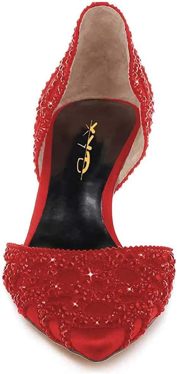 XYD Women's Pumps, Elegant Pointed Toe, D'Orsay Crystal Chunky Low Heels 2 Inches, Rhinestone Studs, Slip-On Satin Shoes for Wedding