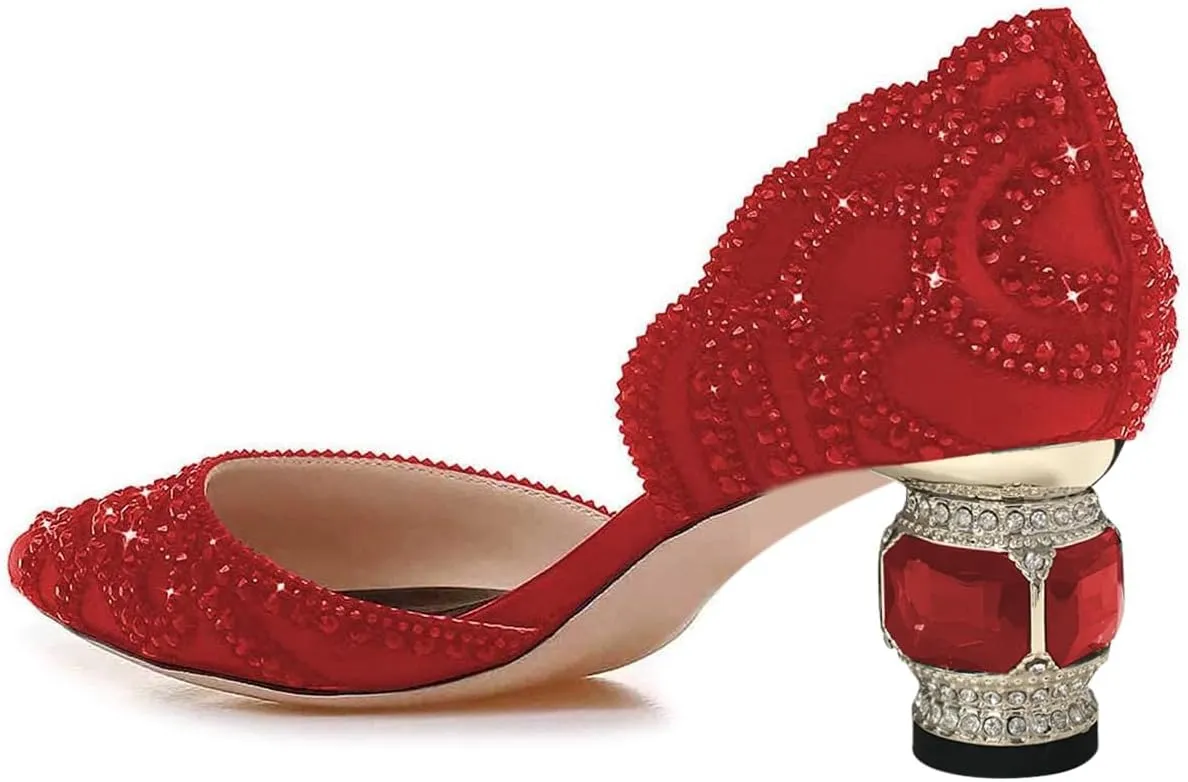 XYD Women's Pumps, Elegant Pointed Toe, D'Orsay Crystal Chunky Low Heels 2 Inches, Rhinestone Studs, Slip-On Satin Shoes for Wedding
