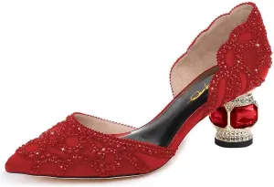 XYD Women's Pumps, Elegant Pointed Toe, D'Orsay Crystal Chunky Low Heels 2 Inches, Rhinestone Studs, Slip-On Satin Shoes for Wedding