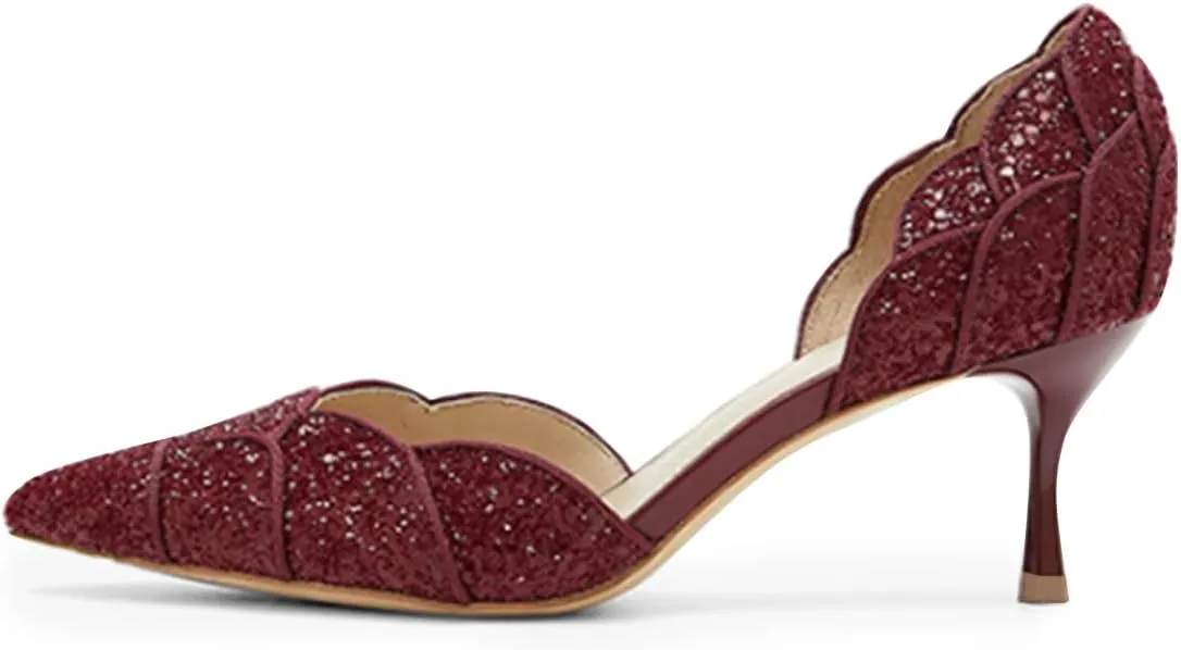XYD Women's Pumps, Elegant Pointed Toe, D'Orsay Kitten Low Heels, Rhinestone Studs, Slip-On Satin Shoes for Wedding