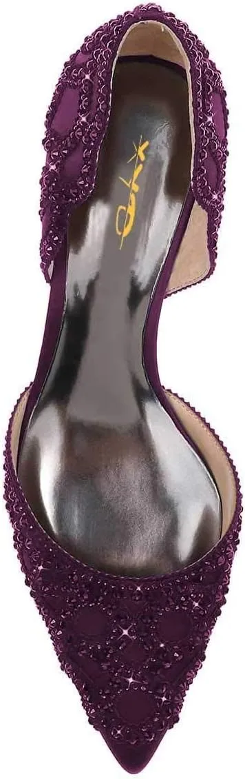 XYD Women's Pumps, Elegant Pointed Toe, D'Orsay Kitten Low Heels, Rhinestone Studs, Slip-On Satin Shoes for Wedding
