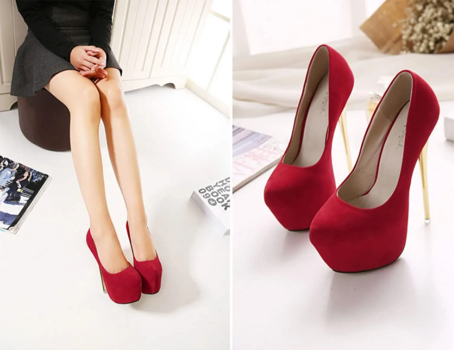 YHTootW Women's Heels Stilettos High Heels Platform Round Toe Daily Faux Suede Heel Heels Elegant Classic Party Red Wedding Bridesmaid Shoes