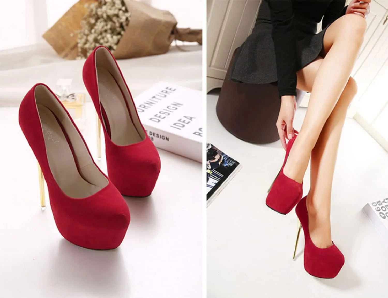 YHTootW Women's Heels Stilettos High Heels Platform Round Toe Daily Faux Suede Heel Heels Elegant Classic Party Red Wedding Bridesmaid Shoes