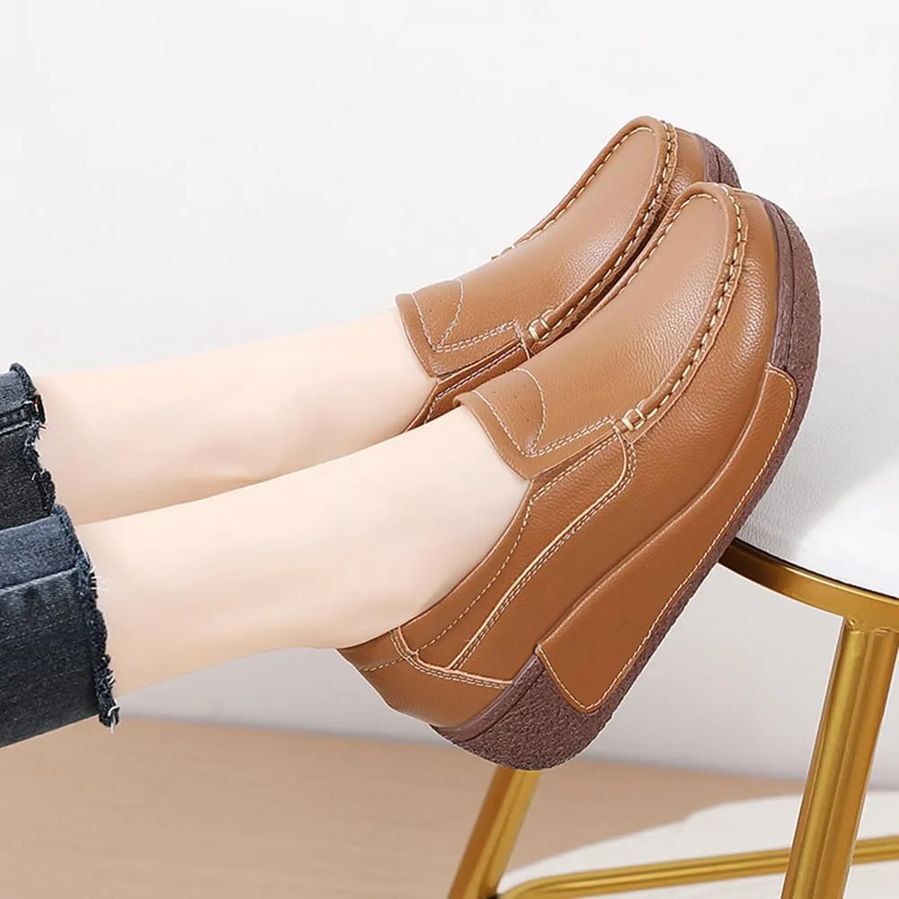 YING LAN Women Slip On Loafers Comfort Leather Wide Low Top Casual Platform Shoes