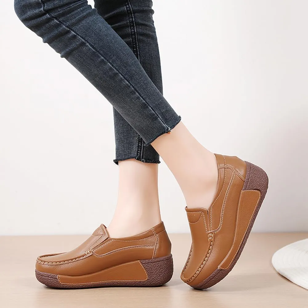 YING LAN Women Slip On Loafers Comfort Leather Wide Low Top Casual Platform Shoes