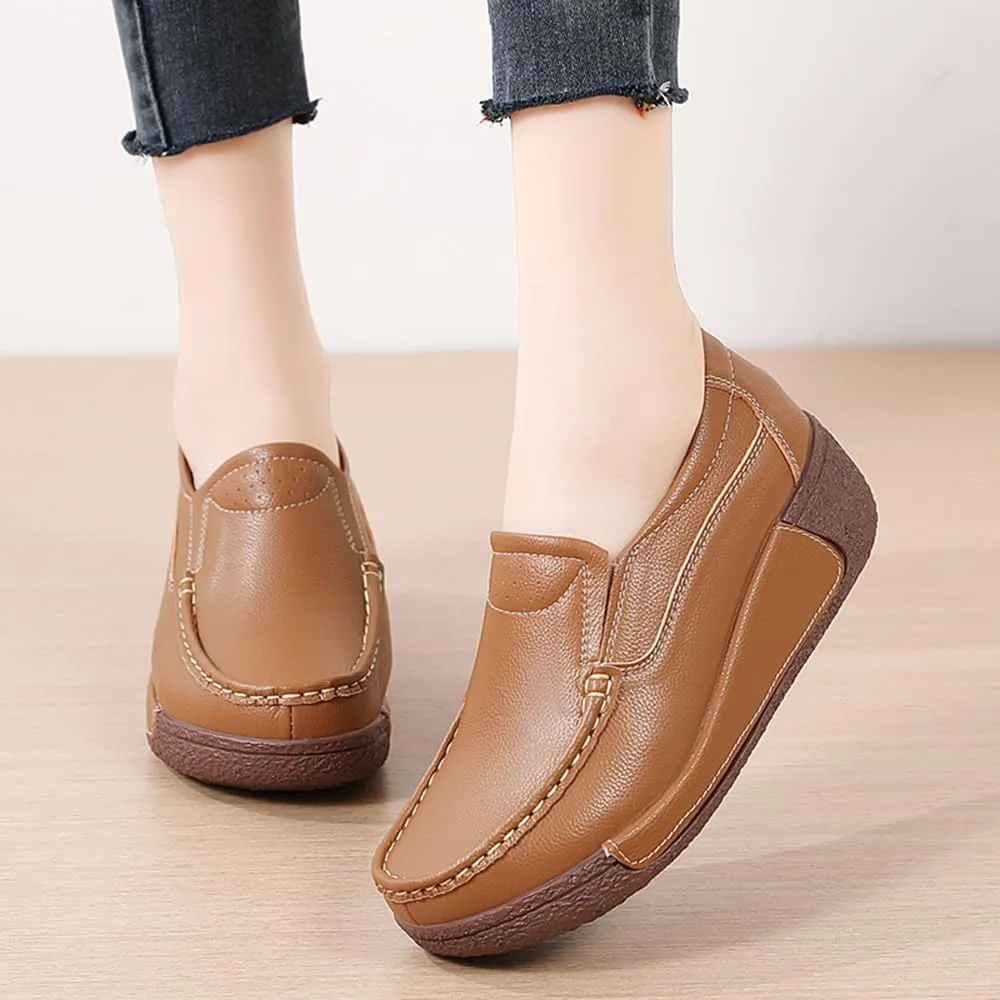 YING LAN Women Slip On Loafers Comfort Leather Wide Low Top Casual Platform Shoes