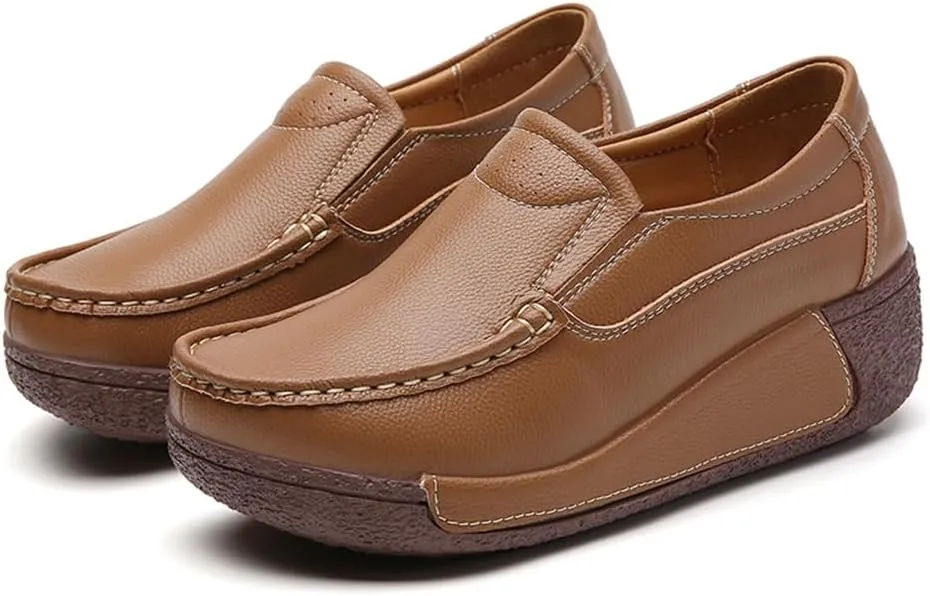 YING LAN Women Slip On Loafers Comfort Leather Wide Low Top Casual Platform Shoes