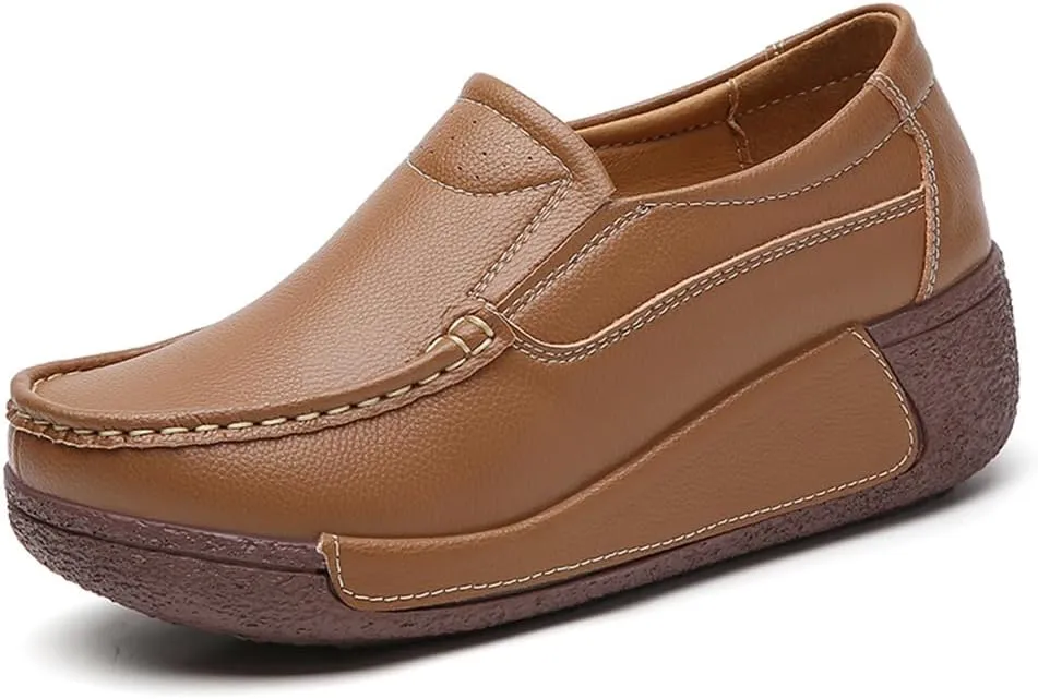 YING LAN Women Slip On Loafers Comfort Leather Wide Low Top Casual Platform Shoes