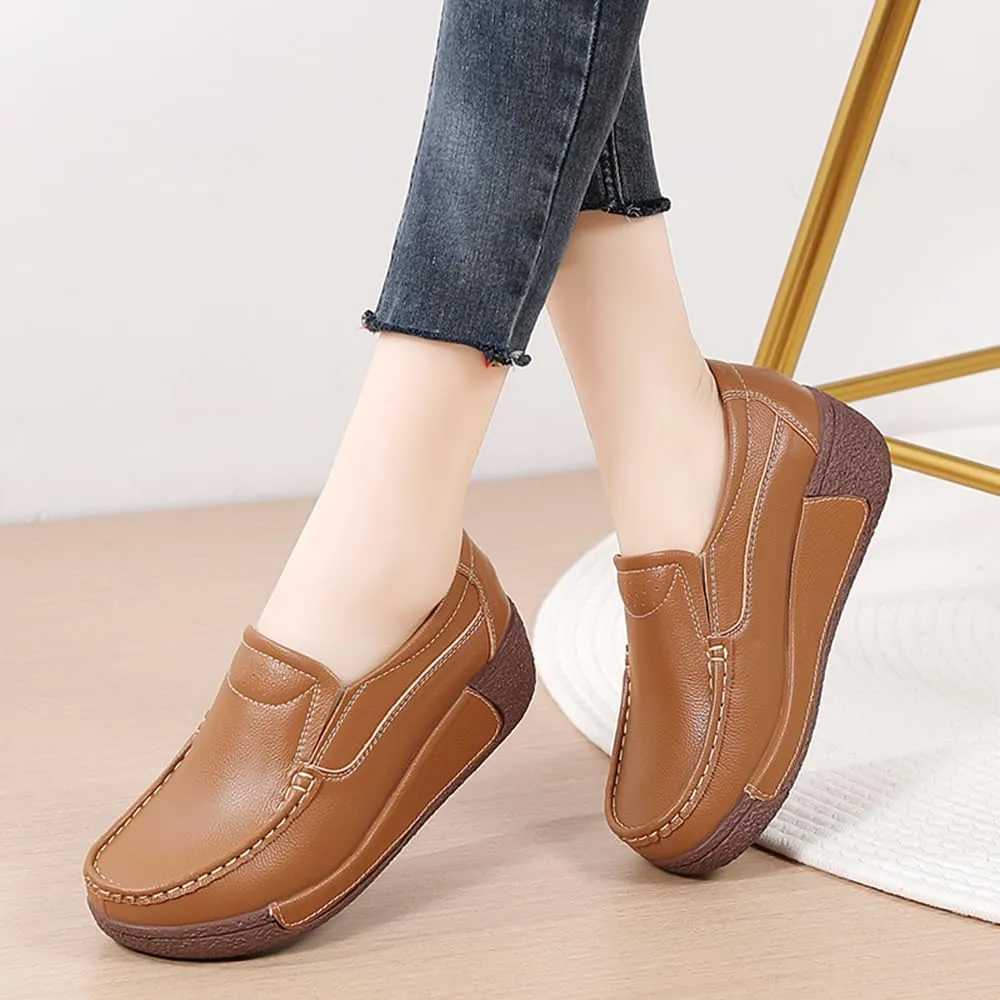 YING LAN Women Slip On Loafers Comfort Leather Wide Low Top Casual Platform Shoes