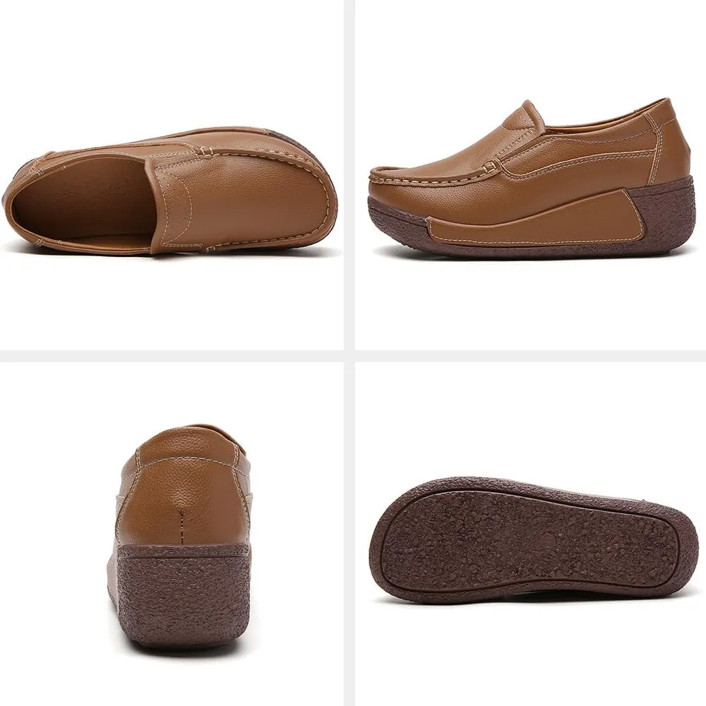 YING LAN Women Slip On Loafers Comfort Leather Wide Low Top Casual Platform Shoes