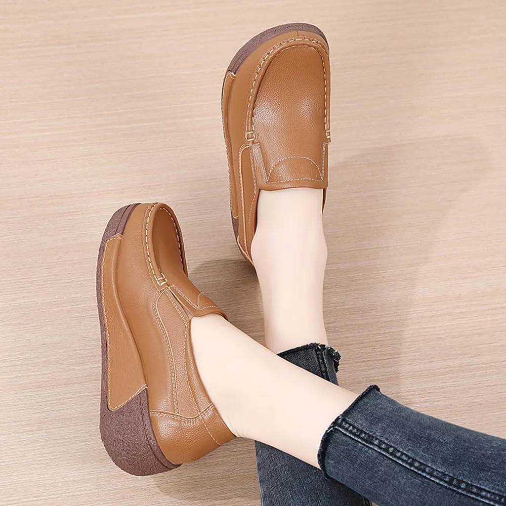 YING LAN Women Slip On Loafers Comfort Leather Wide Low Top Casual Platform Shoes