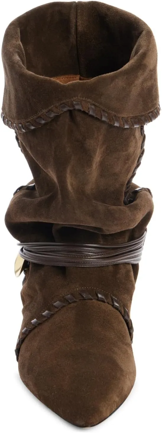 Yishaweiqi Kitten Heel Mid Calf Boots for Women Metallic Low Heel Ankle Boots Pull On Pointed Toe Slouch Boots Fall Suede Boots