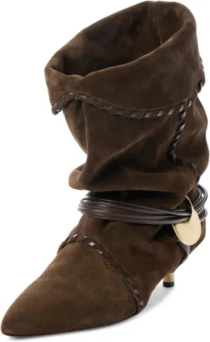 Yishaweiqi Kitten Heel Mid Calf Boots for Women Metallic Low Heel Ankle Boots Pull On Pointed Toe Slouch Boots Fall Suede Boots