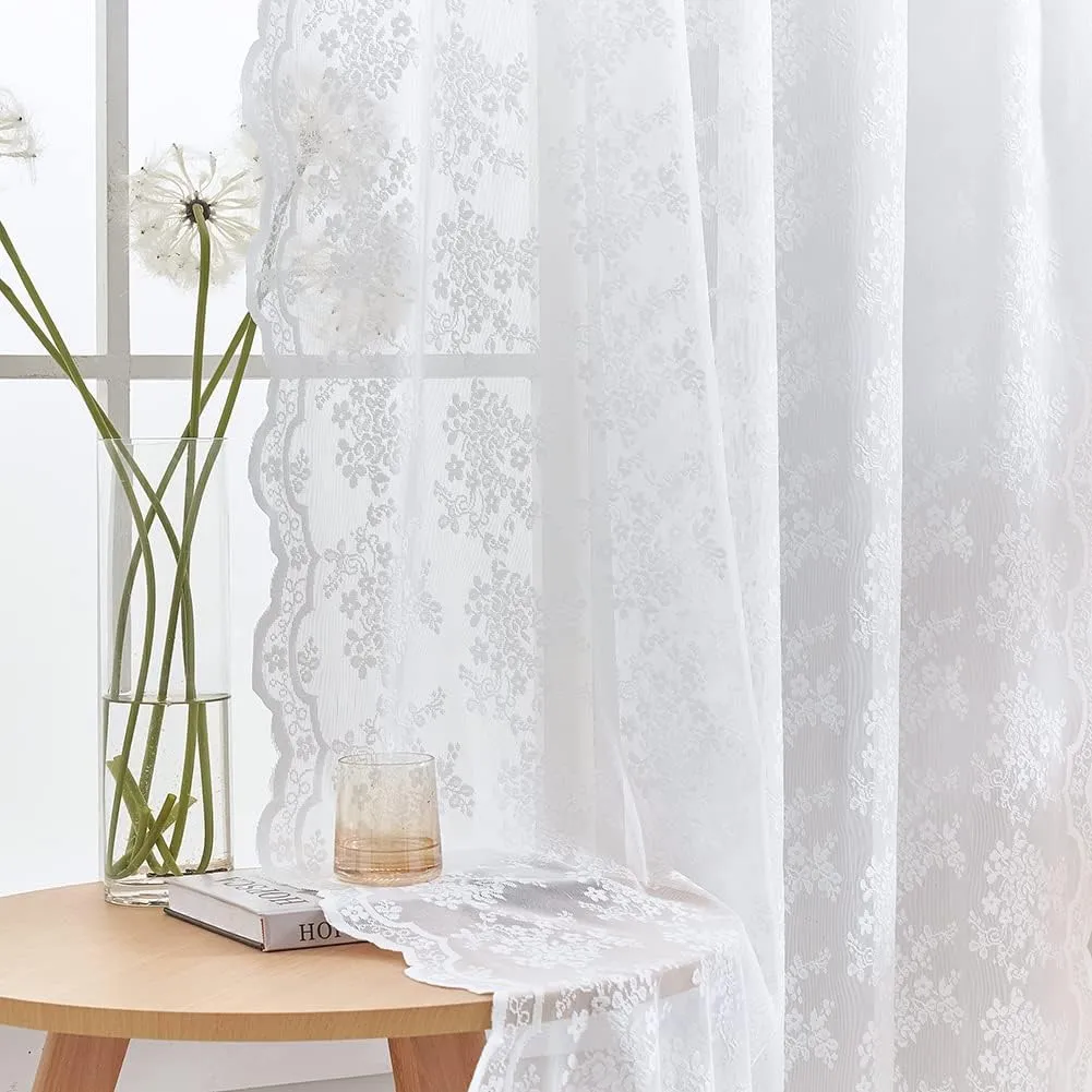 YJ YANJUN White Lace Curtains 84 inches Long 2 Panels-Old World Style Shabby Cottage Chic Sheer Curtains 52 x 84 Inch White