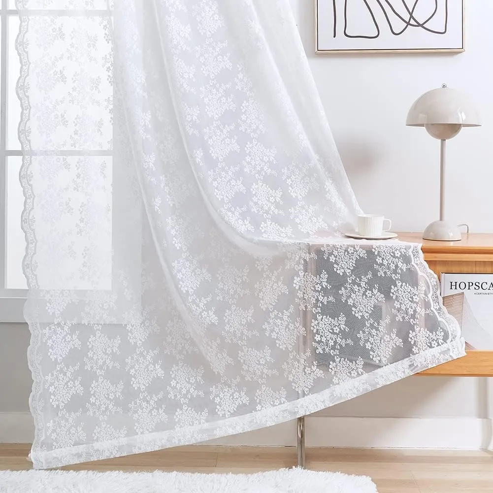 YJ YANJUN White Lace Curtains 84 inches Long 2 Panels-Old World Style Shabby Cottage Chic Sheer Curtains 52 x 84 Inch White