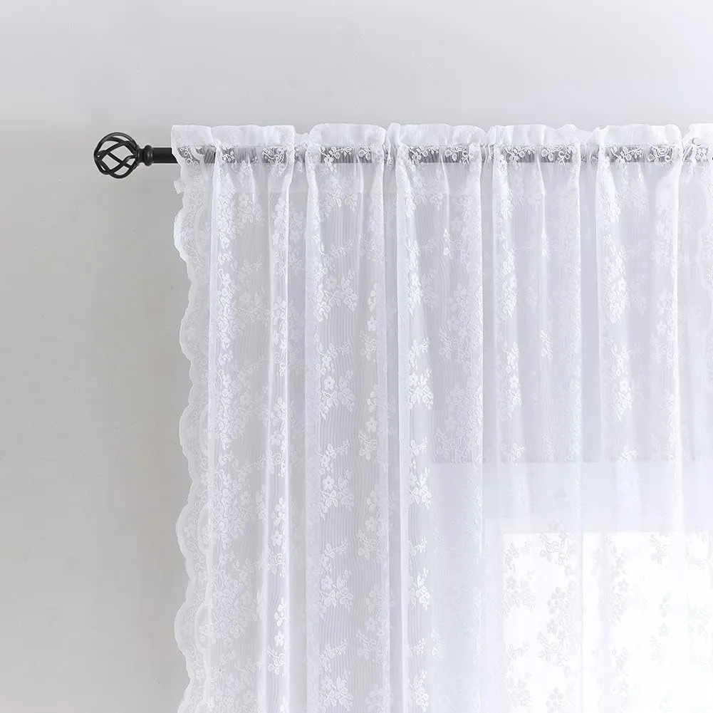 YJ YANJUN White Lace Curtains 84 inches Long 2 Panels-Old World Style Shabby Cottage Chic Sheer Curtains 52 x 84 Inch White