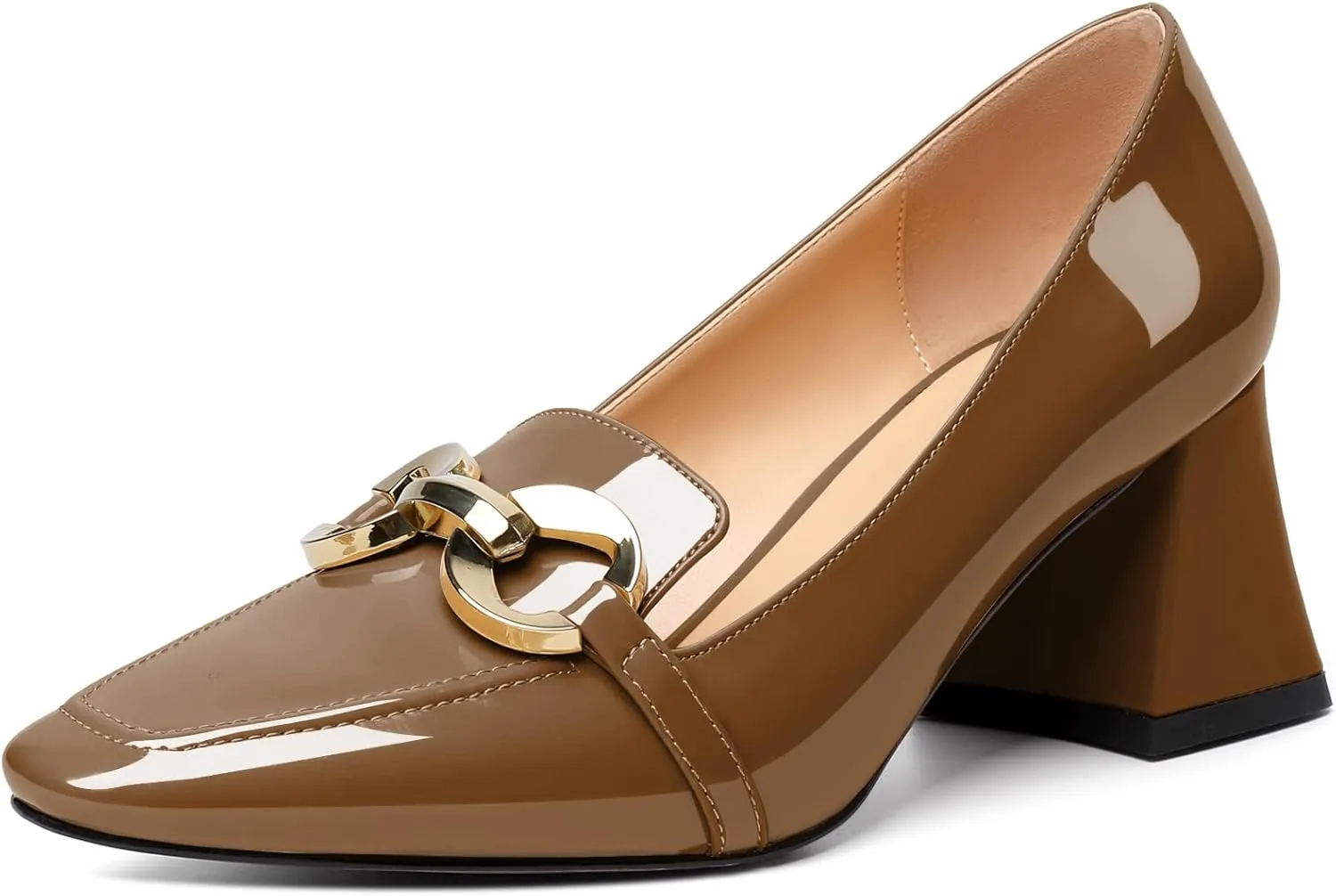 YODEKS Women Low Block Chunky Heel Pumps Square Toe Elegant Slip On 2.5 Inch Closed Toe Chain Buckle Comfort Shoes for Wedding Office Evening