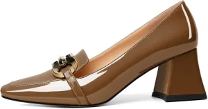 YODEKS Women Low Block Chunky Heel Pumps Square Toe Elegant Slip On 2.5 Inch Closed Toe Chain Buckle Comfort Shoes for Wedding Office Evening