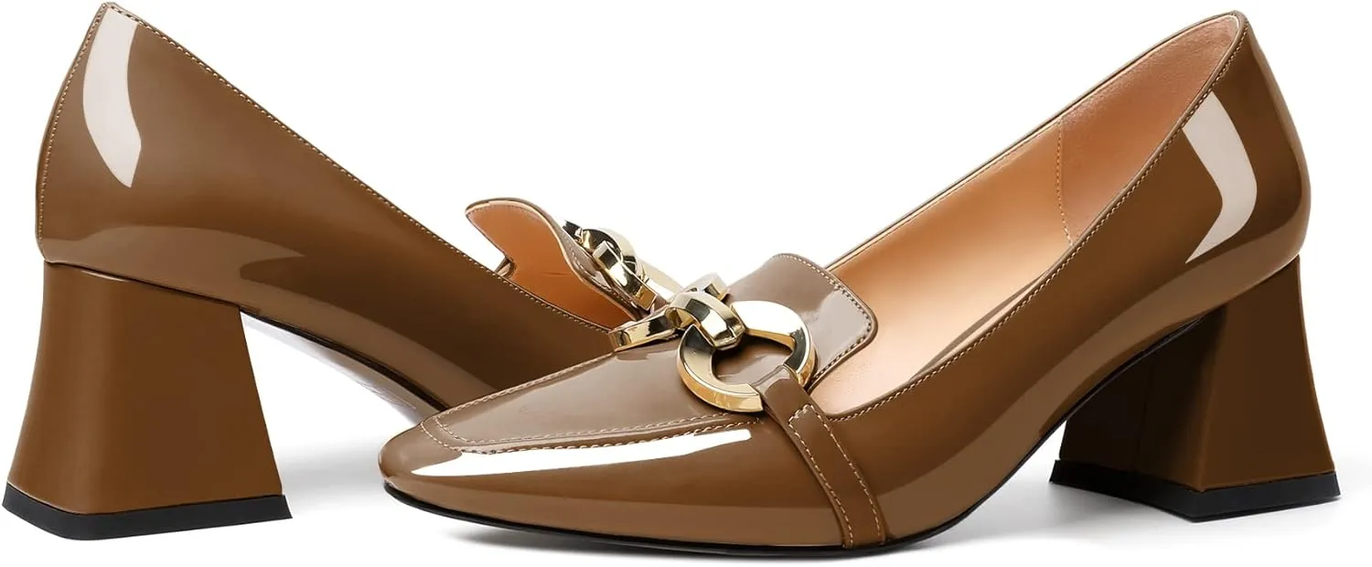YODEKS Women Low Block Chunky Heel Pumps Square Toe Elegant Slip On 2.5 Inch Closed Toe Chain Buckle Comfort Shoes for Wedding Office Evening