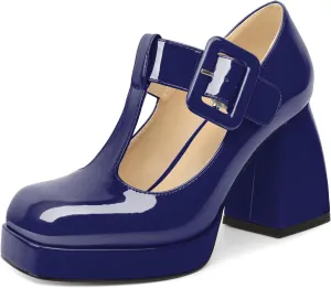 YODEKS Women's High Heels Square Toe Mary Jane Pumps Chunky Heel Platform Dress Shoes